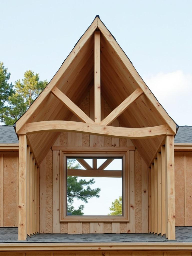 Photo of a wooden truss roof frame showing a box gable style. The photograph captures a triangular structure with an open window design at the top. Natural wood finishes are visible with a soft blue sky in the background.