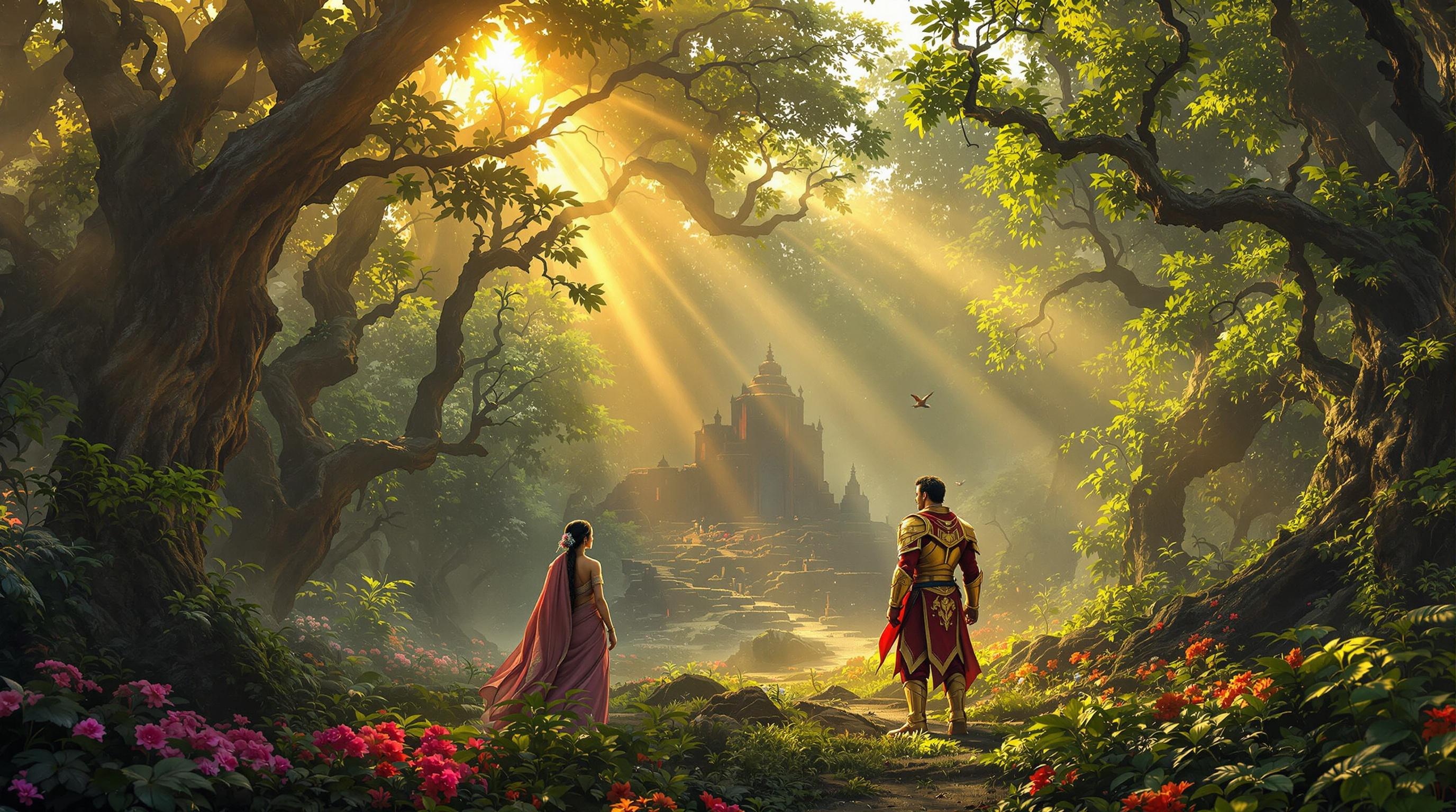 Ultra HD image depicting King Rudrasen and Queen Mriganjali in a rejuvenated forest after the defeat of Kaljayi. The forest transforms with golden sunlight, vibrant life, and the ruins of evil fading. Both characters exude a sense of hope and triumph.