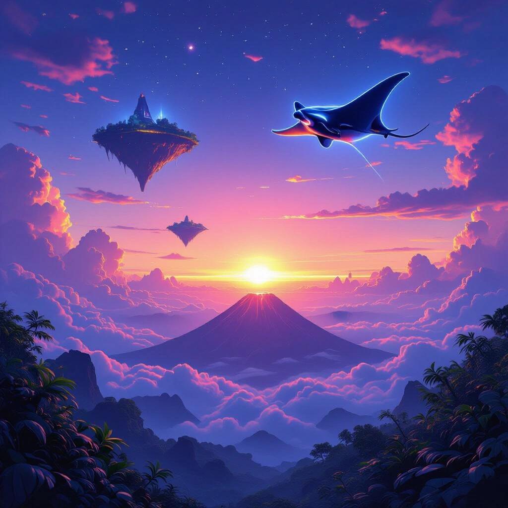 Double sunset with a vibrant neon sky creates a magical atmosphere above floating islands on an alien planet. Manta ray-like avian soars in the sky. Jungle and volcano form the landscape below.