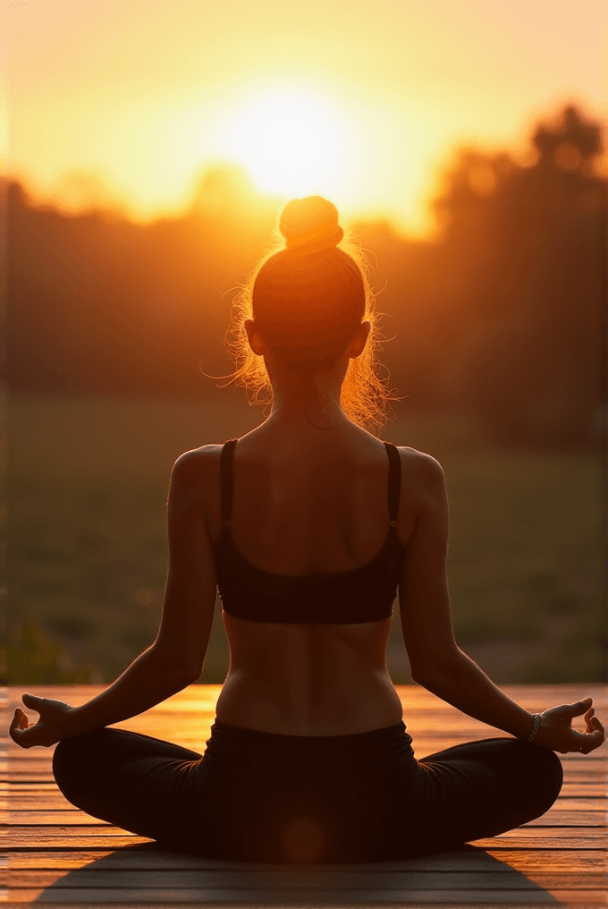 A person sits cross-legged in a yoga pose, facing the setting sun.