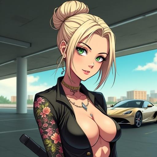 Anime scene with a futuristic woman in a luxurious car parking lot. She has emerald green eyes, a light blonde bun, and wears elegant jewelry. She has tattoos and stands confidently beside a modern vehicle.