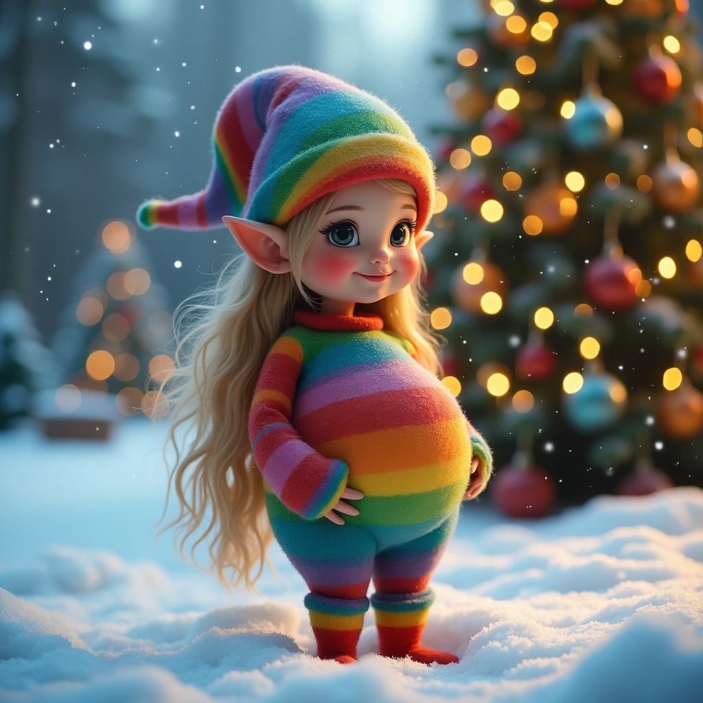 A festive scene with a pregnant elf in the snow. Background features a Christmas tree. The elf has long hair, dressed in a rainbow outfit. The atmosphere embodies holiday joy.