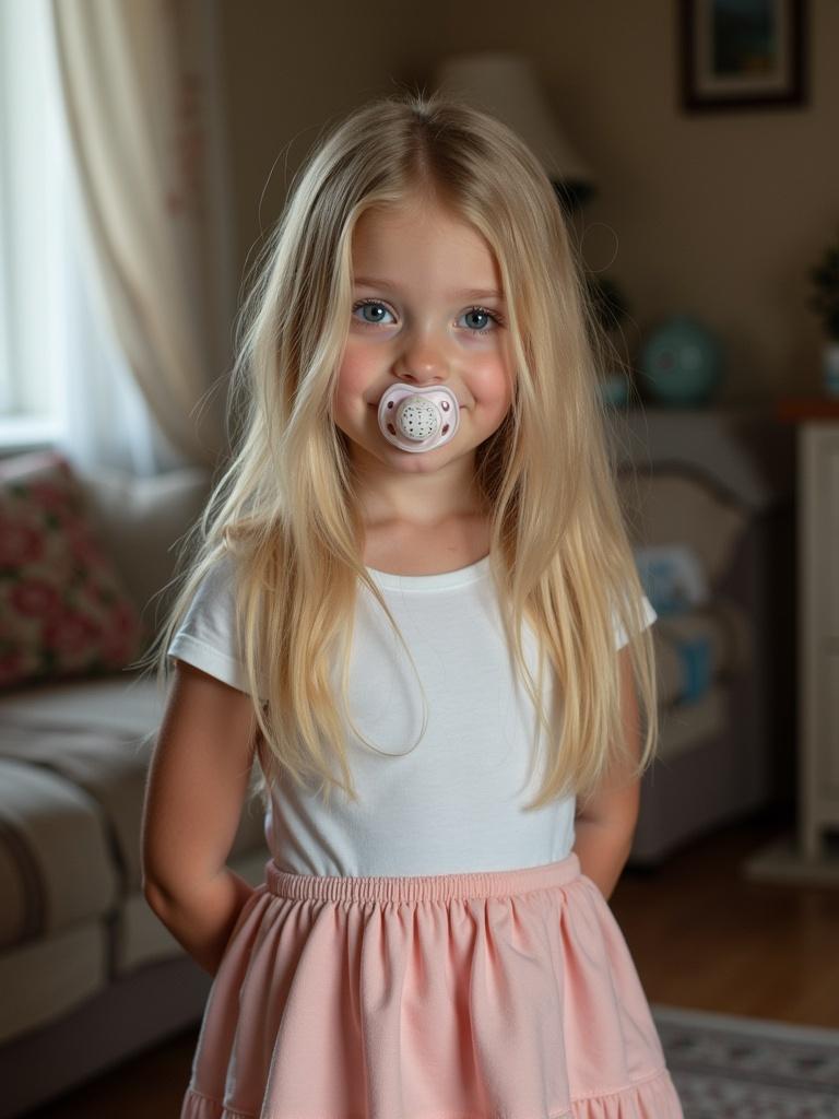 A young girl with long blond hair stands in her grandmother's house. The girl wears a white t-shirt and a pastel pink miniskirt. The room has a cozy, inviting atmosphere with soft lighting and a homey decor. She has a pacifier in her mouth.