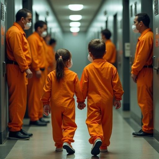 Two children dressed in bright orange jumpsuits are walking in a jail. They are handcuffed together and have large pacifiers. A guard is with them. Other children can be seen through the bars. The setting is a corridor with cells.