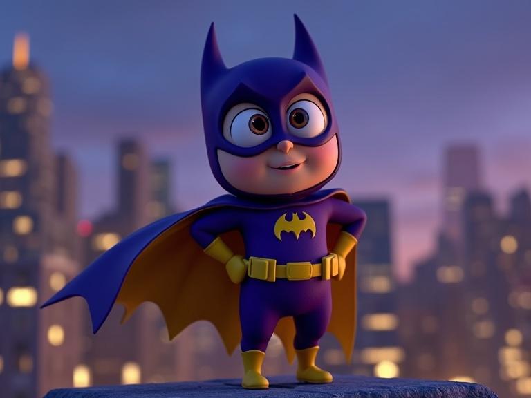 Minion dressed as Batgirl. Purple and yellow suit with flowing cape. Standing on rooftop at night. Gotham skyline in background. Animated in Pixar style.