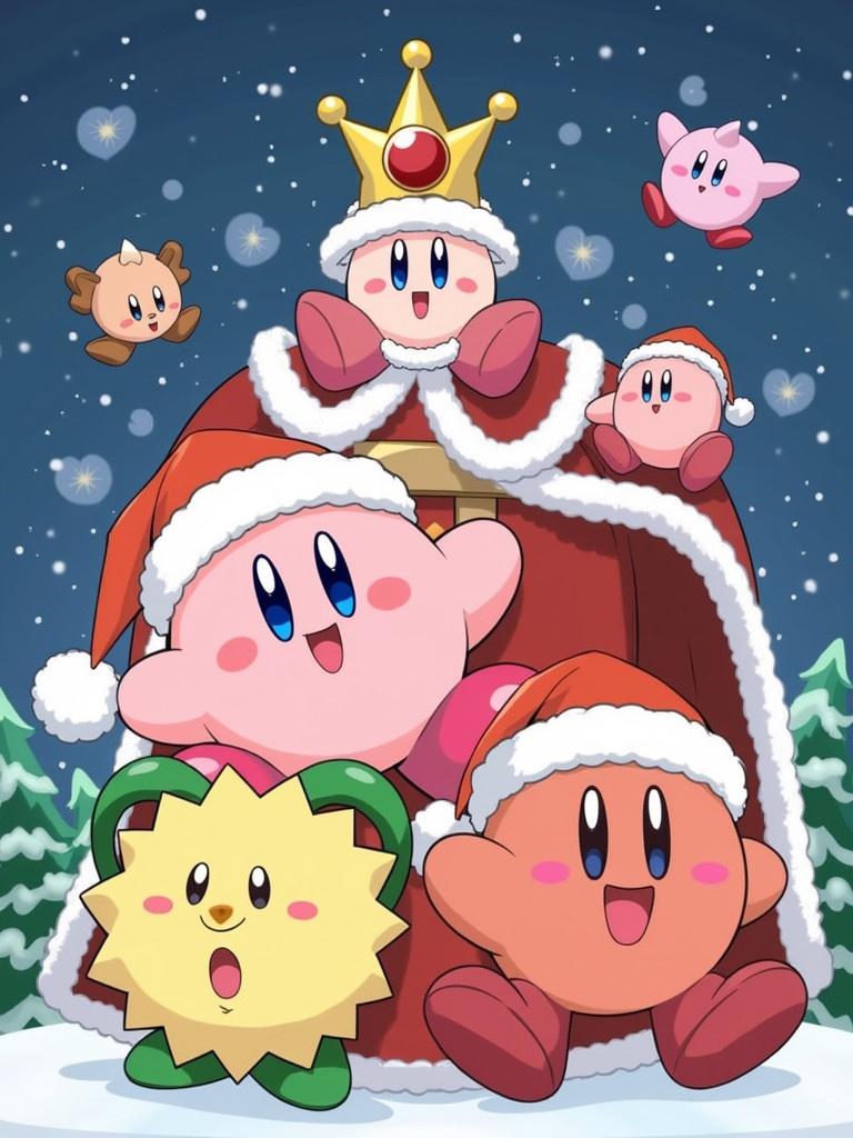 Kirby and friends celebrate Christmas. Characters wear Santa hats. King Dedede sits on a gift. Snowy background with trees. Cheerful expressions.