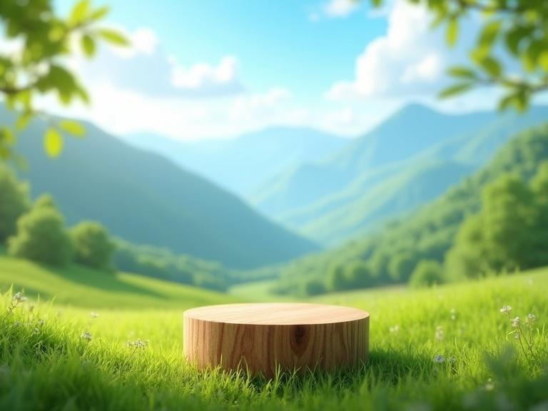 A hyper-realistic scene of lush green mountains background vibrant green meadows foreground Soft plant branches frame edges In the center a large empty wooden cylinder designed for product placement A smaller version subtly placed in the background Bright blue sky with soft clouds Lighting warm and natural evokes joy positivity tranquility Full wide shot displays complete landscape rich textures crisp details