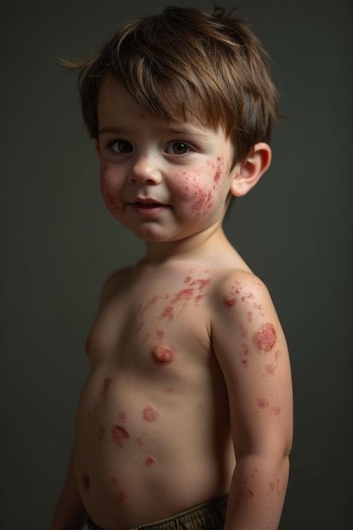 Portrait of a boy showing skin lumps with a detailed close-up view. Boy is looking at the camera in an emotional expression. Skin condition highlighted with sharp focus. Wide view captures both facial features and skin texture.