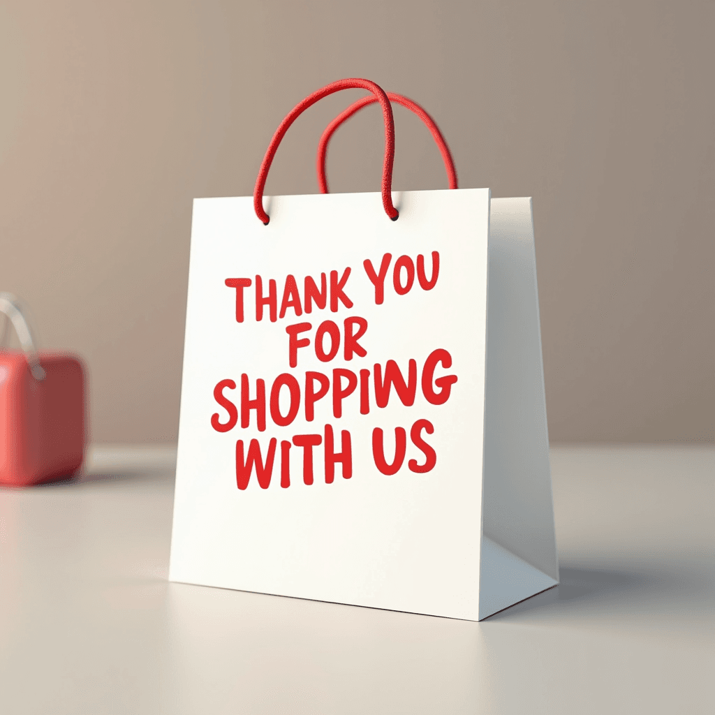 The image shows a white shopping bag with red handles and a humorous thank you message.