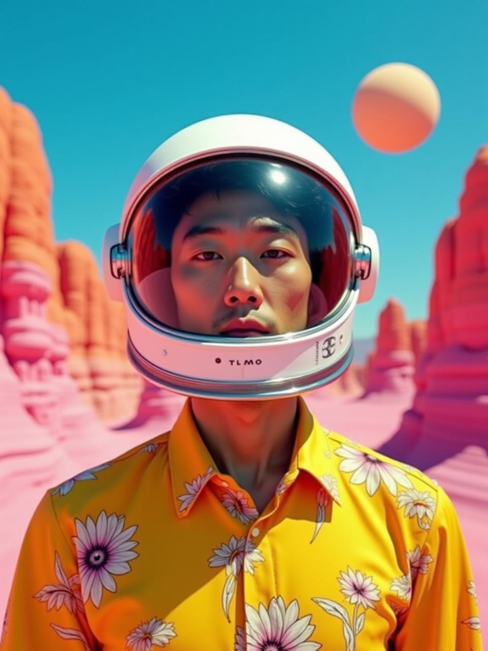 The image features a young person wearing a space helmet, standing amidst a surreal, vibrant landscape reminiscent of a desert with pink rock formations. They are dressed in a bright yellow shirt adorned with large daisy-like flowers, providing a striking contrast to the pink and blue tones of the background. A large, indistinct sphere hovers in the distance, adding to the dreamlike atmosphere of the scene.