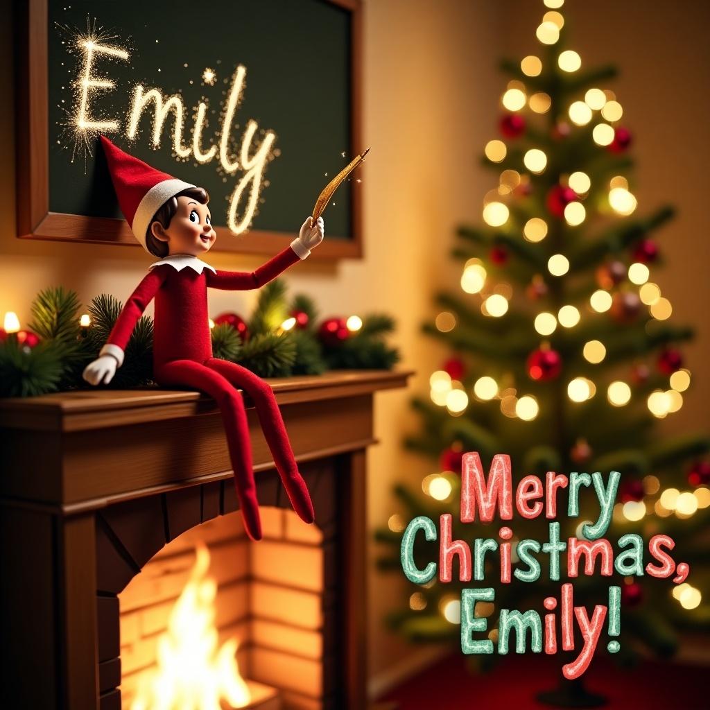 Cheerful Christmas card with a mischievous Elf on the Shelf on a wooden mantle. Elf holds a golden quill writing 'Emily' in stardust above a glowing fireplace. Behind, a sparkling Christmas tree with fairy lights. Text at the bottom says 'Merry Christmas, Emily!' creating a warm holiday scene.