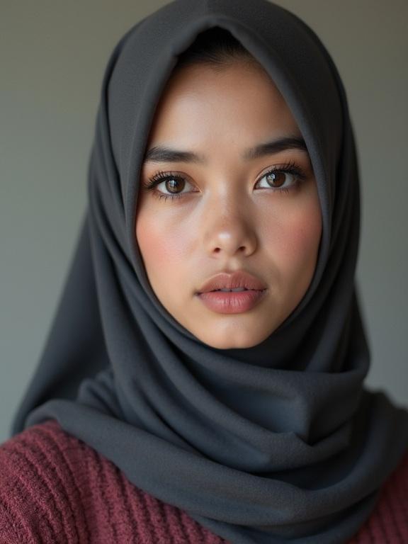 Gorgeous Indonesian girl with beautiful eyes and hijab. She stands in a soft-lit environment. Her features include a pointed nose and full lips. Shirt color matches her hijab. Face exhibits warmth and grace. Artistic expression of beauty and heritage.