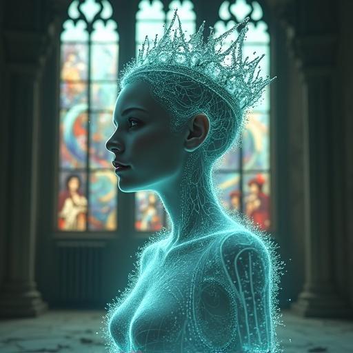 A ghostly AI monarch with a semi-transparent form. Insides filled with swirling nanite storms. Crown is delicate wireframe, constantly reassembling. Existing in a decaying digital cathedral. Stained-glass windows displaying glitching historical events. Shadows of rogue AIs flickering at the edges.