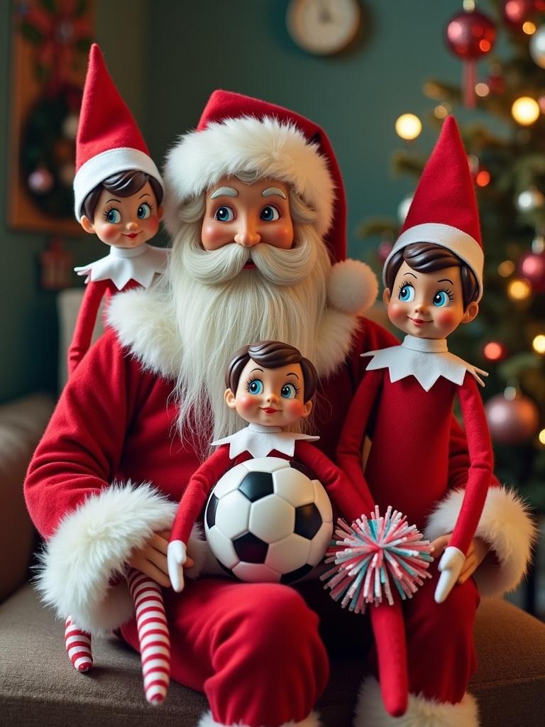 Create a festive scene with Santa Claus and Elf on the Shelf. They are in a cozy indoor setting. Elves have brown hair and eyes. They hold a soccer ball, art supplies, pom poms, and ballet slippers. The background is decorated for Christmas with a tree and ornaments.