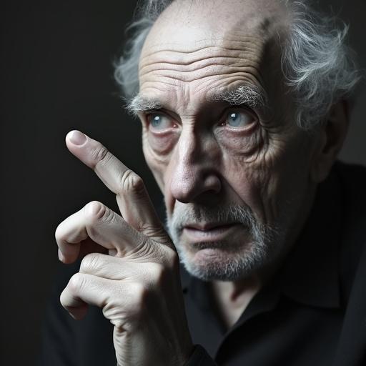 Close-up portrait of an elderly man looking at his own stubby finger. His eyes are focused on the finger. The skin appears glassy and reflective.