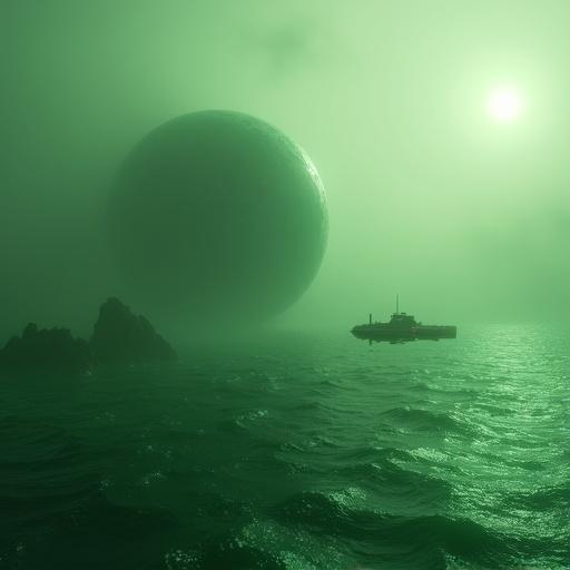 Cinematic photo of a spacecraft orbiting a green planet named Xylos. Shimmering water beneath. Foggy sky in the background. Hopeful and mysterious feel. Realistic texture and details.