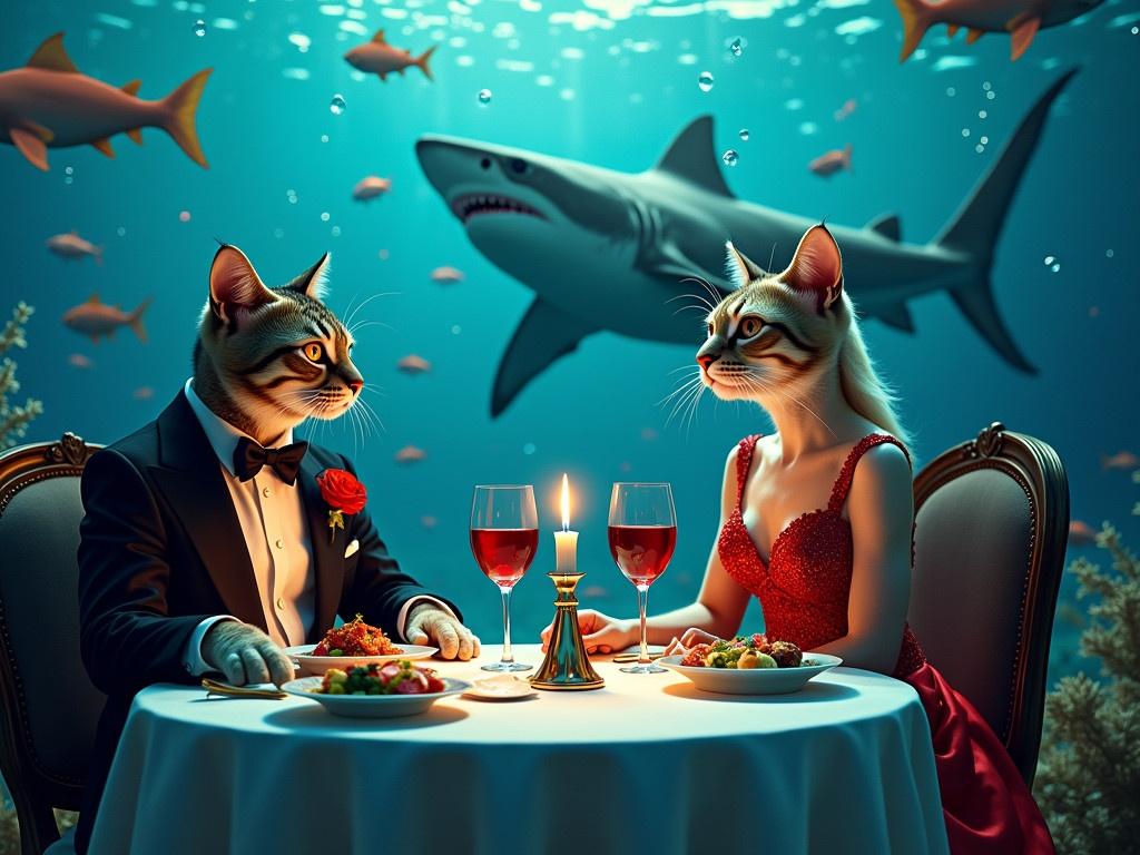 In a surrealistic underwater scene, a pair of elegantly dressed cats are dining at a lavish table set beneath the deep blue sea. The male cat, clad in a tuxedo with a red rose on his lapel, sits across from a female cat adorned in a stunning red gown, both enjoying a candlelit dinner. Surrounding them are vibrant schools of fish, weaving through the water, as countless bubbles drift upwards around the guests. A large, majestic shark prowls in the background, its sharp teeth bared, adding an unexpected thrill to the scene. The table is lavishly decorated with gourmet food, wine glasses filled with red wine, and a shiny bottle resting beside a flickering candle. The lighting creates a soft glow, enhancing the surreal feel of this underwater banquet.