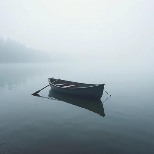 Lone boat drifts on fog-covered lake. Oars are idle. Shore is blurred in gray. Water seamlessly merges with sky.