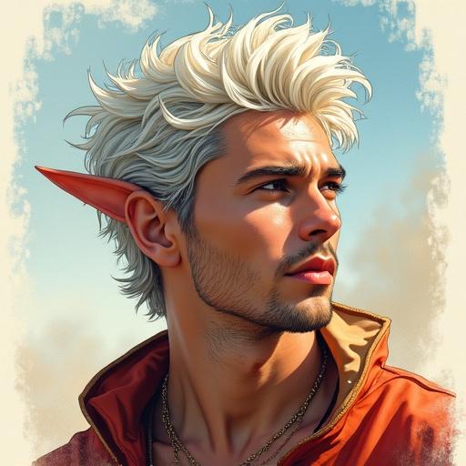 Color drawing of a young man with horns. Semi-god, half human, half beast with platinum hair. Appears young and wears fantasy clothes.