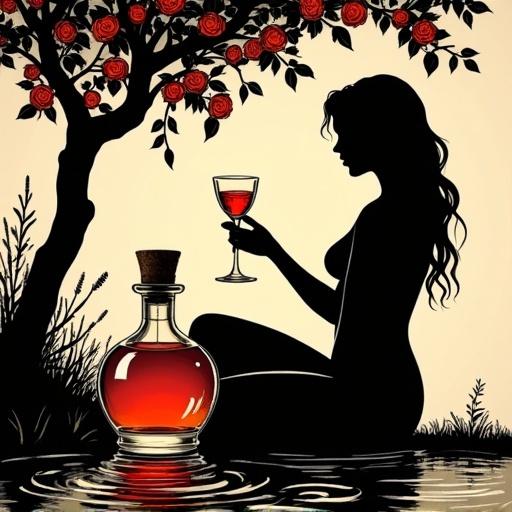 Modern linocut artwork created in black. It illustrates a sensual scene by a pond in an orchard. A voluptuous woman sits under roses, holding a shot glass of liqueur. A shiny apothecary-style bottle containing the same liqueur sits at the bottom, glowing warmly. The composition is high contrast and vintage.
