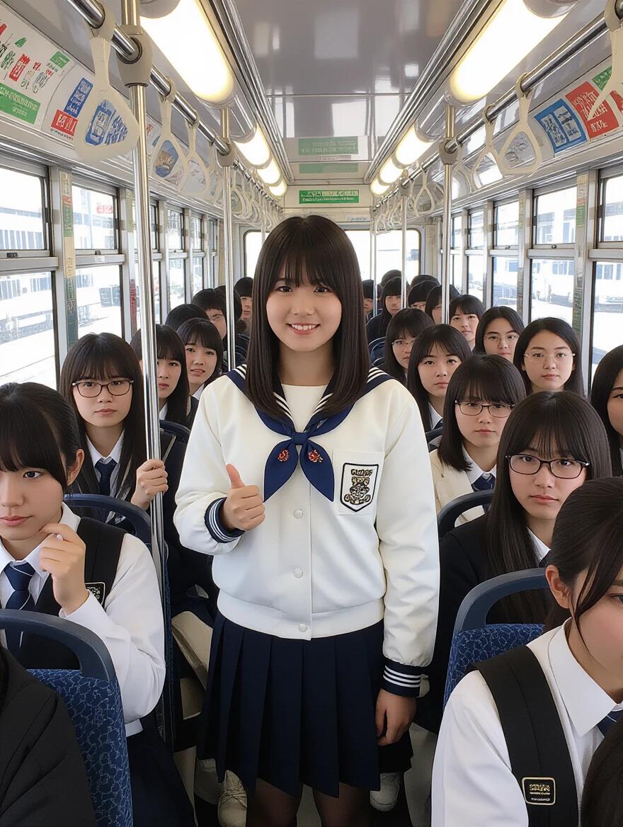 Japanese school girl stands in crowded bus. She wears a white and navy school uniform. Girl smiles and gives thumbs up. Aisle filled with students. Window shows outdoor view while indoors offers bright lighting.