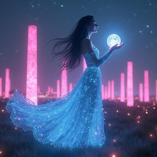 A witch in a glowing gown stands in Ley-Tech Obelisk Fields at night. She holds a bioluminescent orb. Hair moves in an electric breeze. The background has pink obelisks under a starry sky. The scene is photorealistic with volumetric lighting and particle effects. The title 'BIOLUMINAL WITCH' is included.