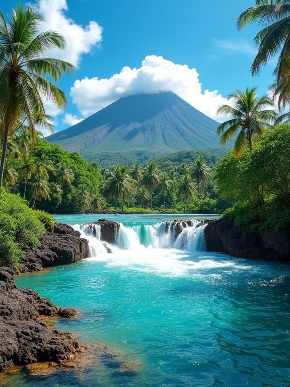 Tropical paradise features a turquoise river with small waterfalls. Lush greenery surrounds the river. Tall palm trees stand nearby. A majestic volcano rises in the background. Fluffy clouds crown the volcano. The sky is vivid blue with scattered clouds. Smooth volcanic rocks are submerged in the clear water.