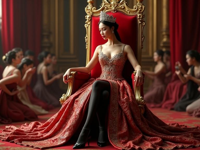 A majestic Empress sits on a tall red golden throne. She wears a diamond gold-embroidered gown with a big diamond crown. Her legs are crossed elegantly. Maids kneel around her, showing submission. Soft lighting enhances the photorealistic quality of the palace interior.
