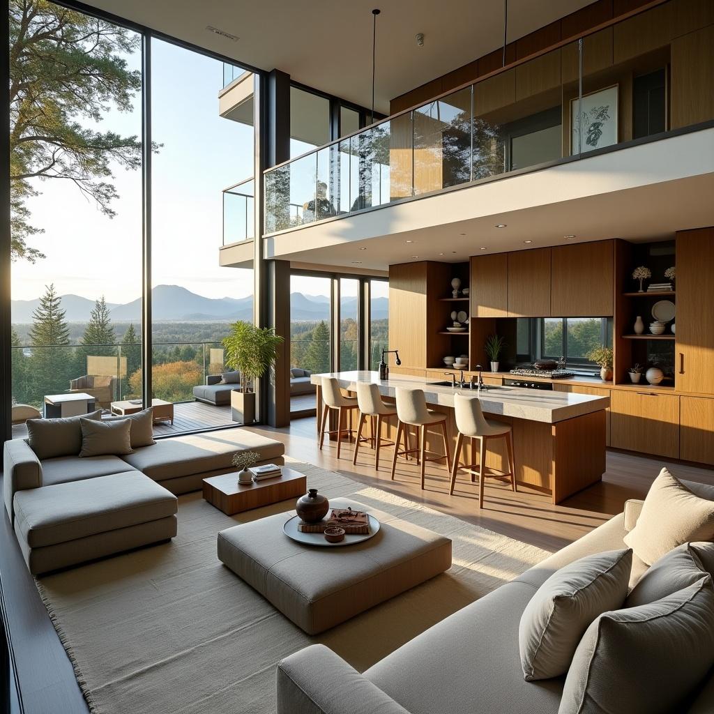 A modern home interior featuring open spaces and balconies. The image depicts a stylish living area with natural decor elements and large windows showcasing a scenic mountain view. The kitchen is open and includes a bar with stools.