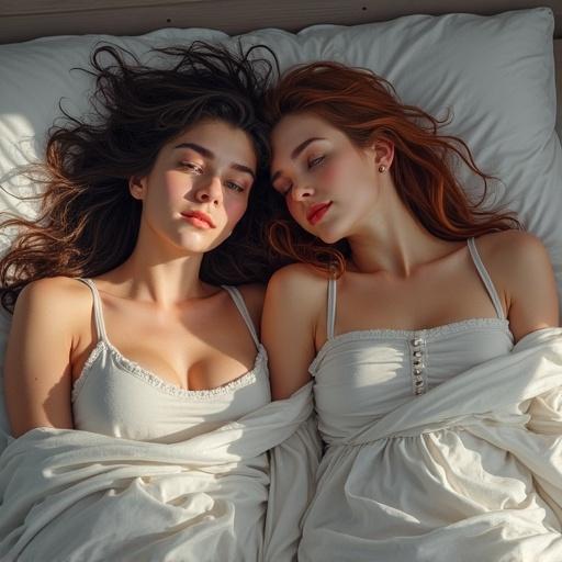 Two realistic women lying in bed. Soft lighting creates a serene atmosphere. Focus on their relaxed expressions and curves. Warm color palette enhances intimacy.