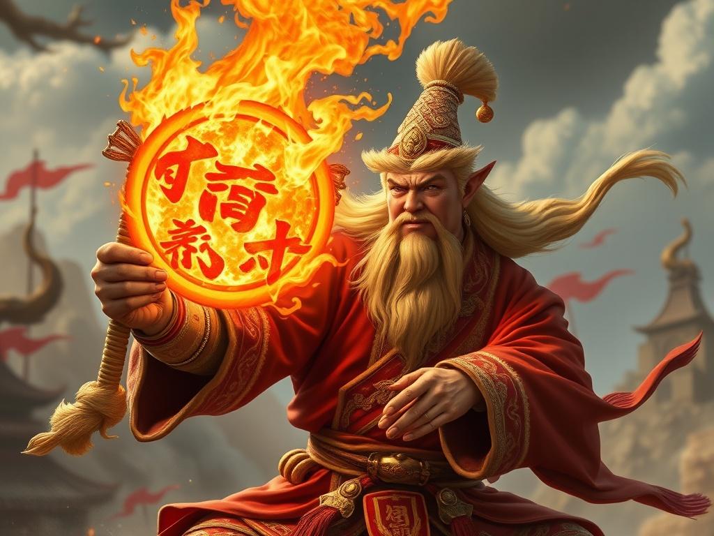 A mystical warrior holding a fiery insignia with ancient Chinese characters, set against a dramatic sky.