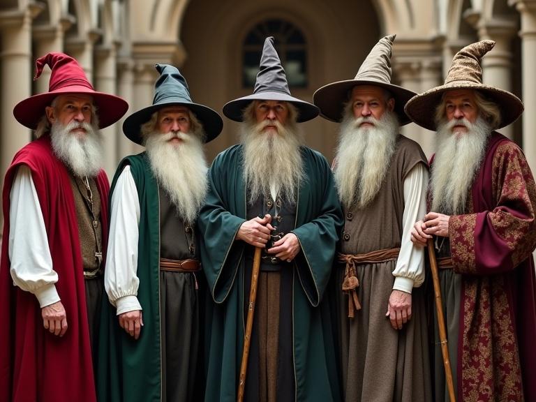 Group portrait of adult wizards from an Italian magical school. All wear white puffed shirts but have different styles. Variations include long robes, sleeveless vests, and elegant cloaks. Colors range from deep reds, greens, to earth tones. Unique hats and accessories like wands and magical pouches. Set in classic Mediterranean architecture.