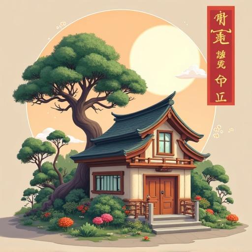 A serene illustration of a traditional Japanese house. The house is surrounded by a large tree and colorful flowers. The background features a soft sun and gentle clouds. The overall vibe is peaceful and harmonious.