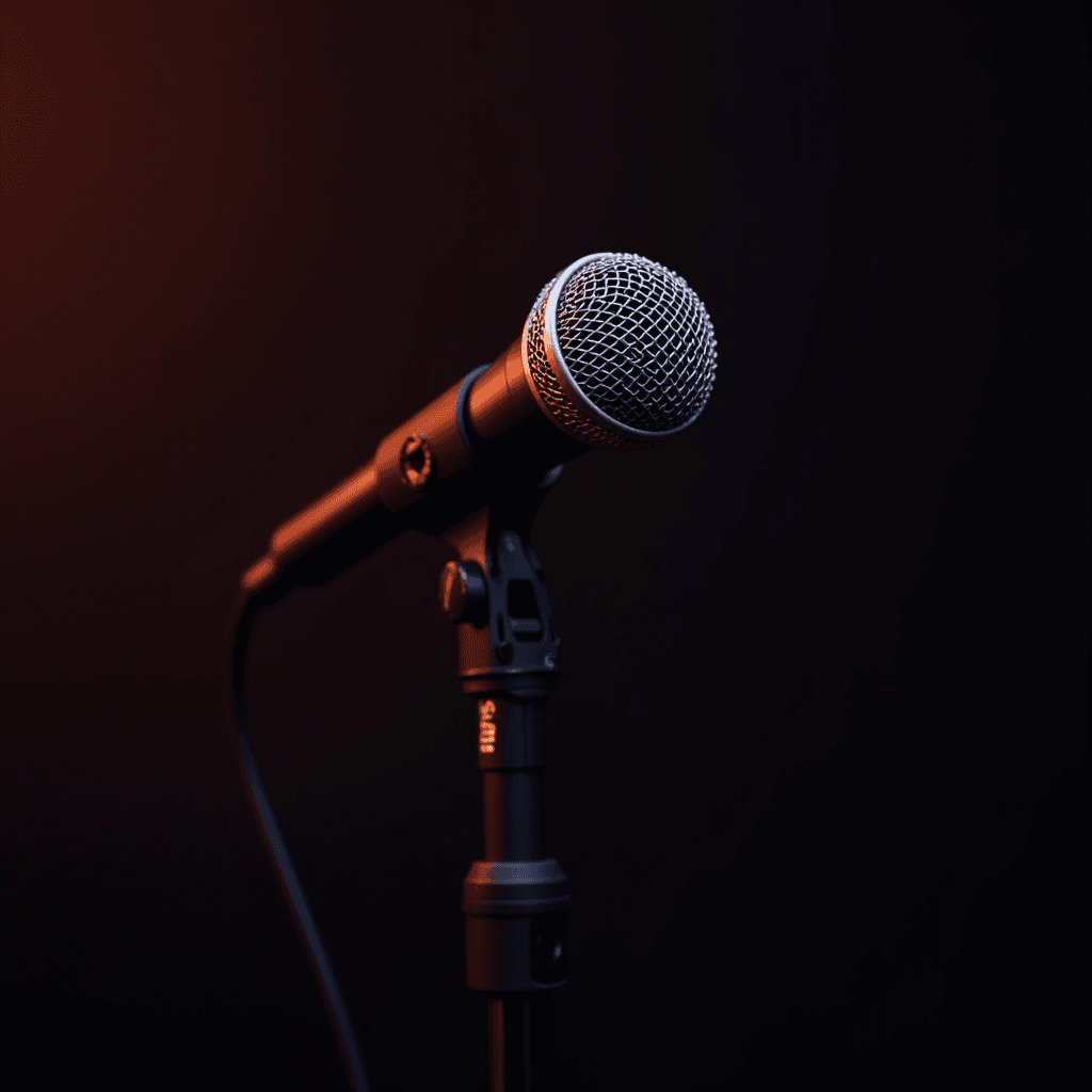 A microphone on a stand is elegantly illuminated, emphasizing its metallic grille against a dark background with warm lighting.