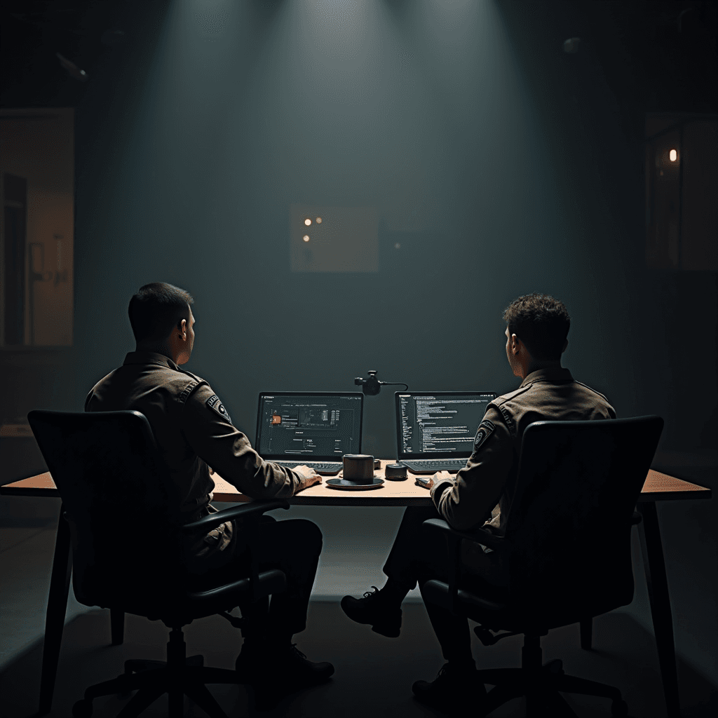 Two individuals focusing intently on computer screens in a dimly lit office setting, suggesting a serious and strategic environment.