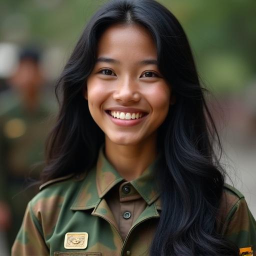 Indonesian female from Java with fair skin and long black hair in military uniform. She is smiling and looking towards the top left.