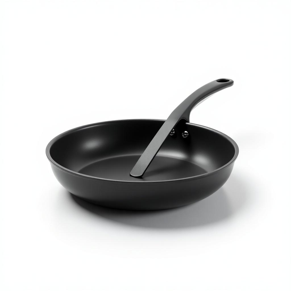 A hyper-realistic frying pan with a polished, non-stick surface. The single long handle is attached to the inside of the pan and lies across the cooking surface. The design is absurd and surreal. The background is bright white, emphasizing the craftsmanship and unusual handle placement.