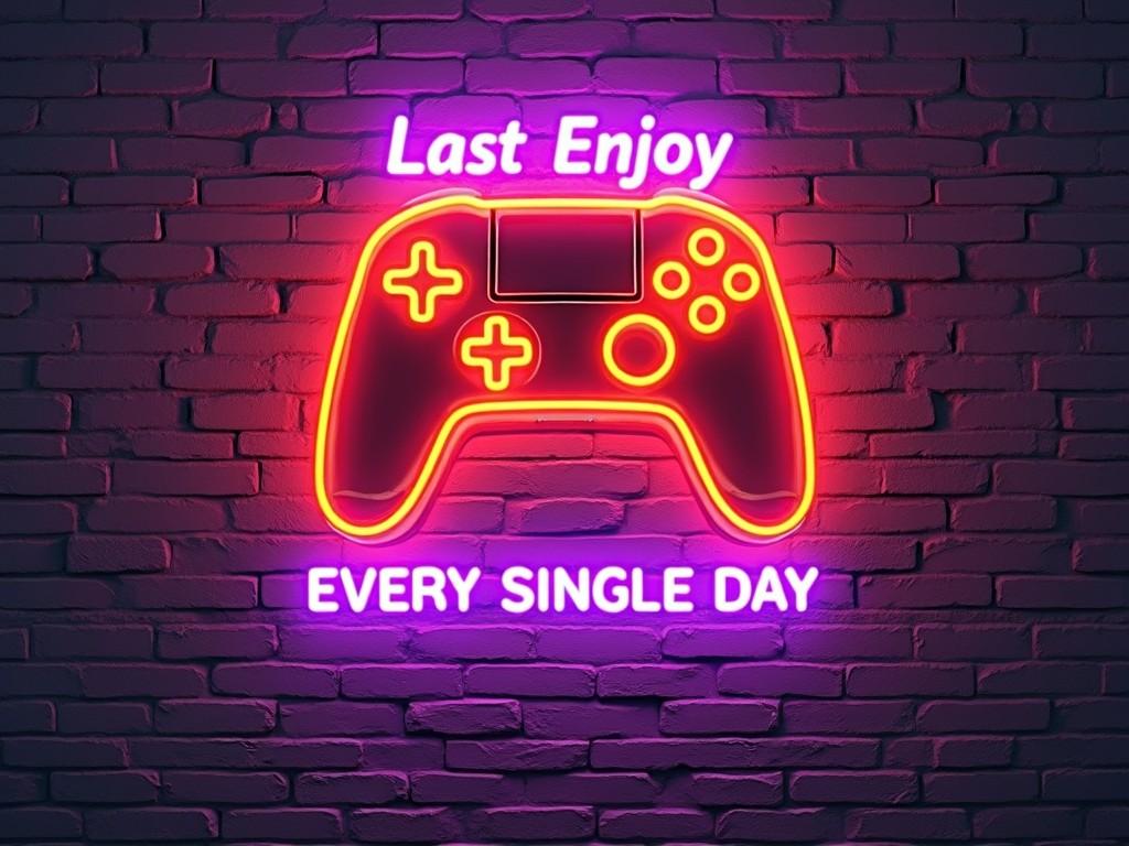 This image features a vibrant and eye-catching neon sign in a gaming theme. The sign showcases a modern game controller, illuminated in neon purple and orange hues. Below the controller, the words 'Last Enjoy' are prominently displayed. Underneath that, the phrase 'EVERY SINGLE DAY' appears in slightly smaller text. The overall glowing effect creates a striking contrast against a dark, white brick wall, capturing the spirit of continuous enjoyment and daily gaming challenges.