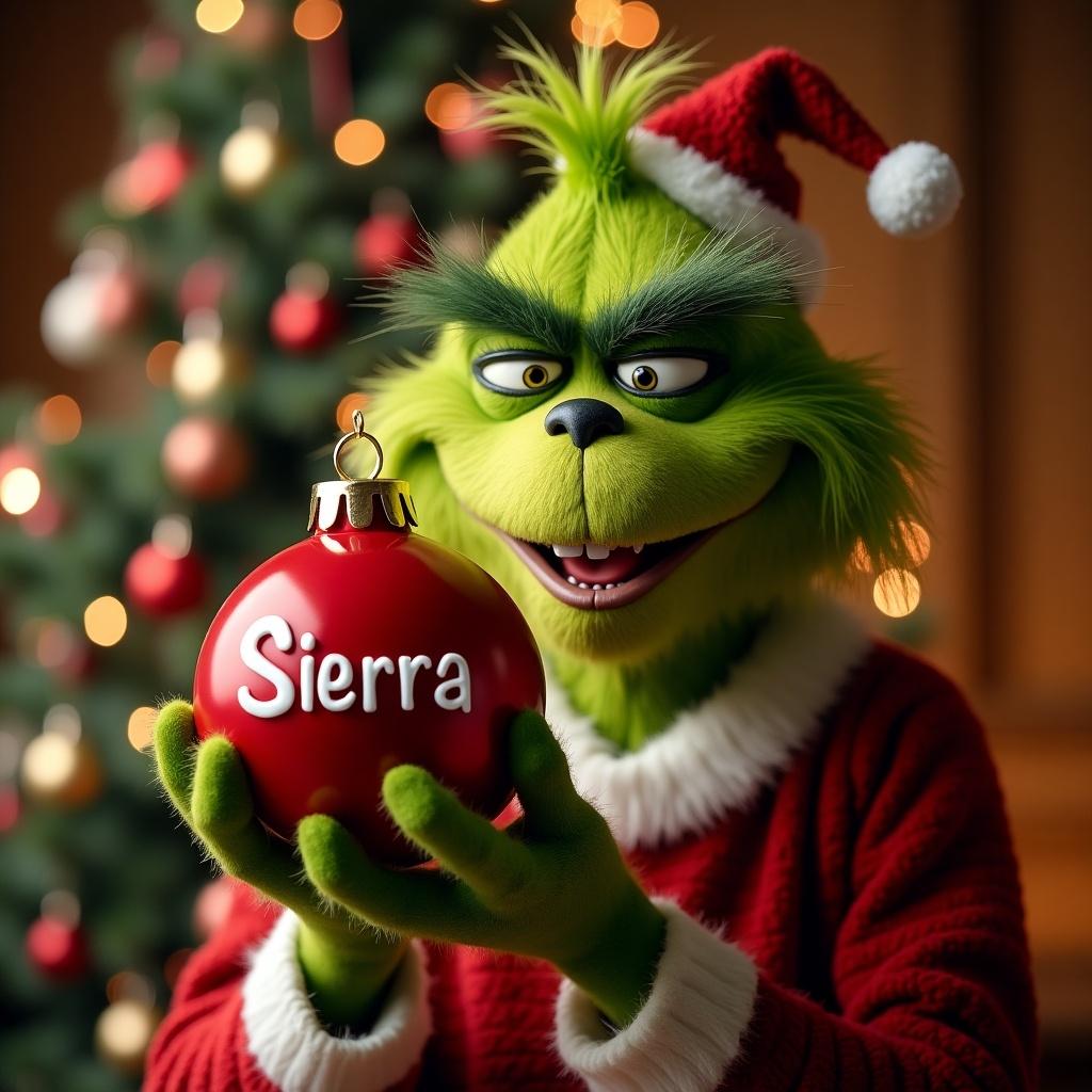 Grinch character holding a red ornament named Sierra inside with a Christmas tree in the background.