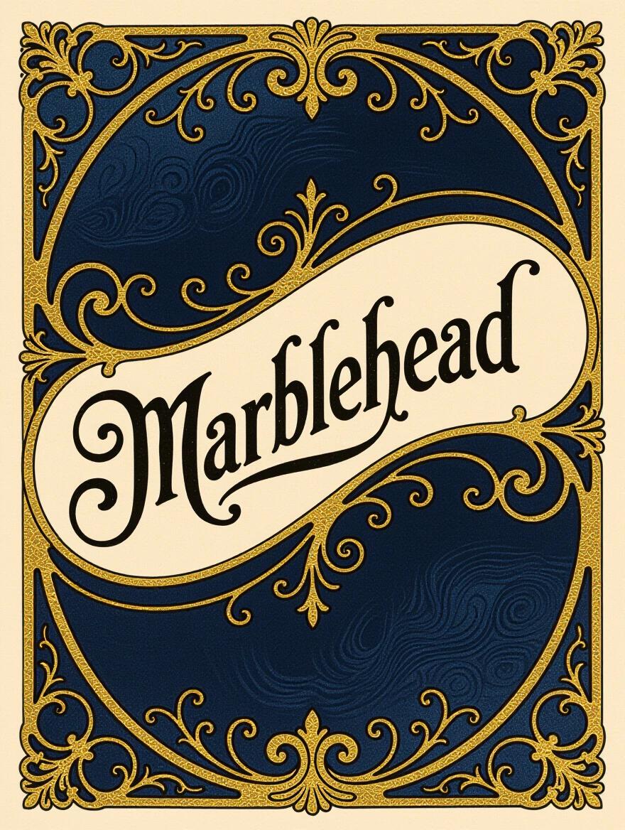 An ornate card designed in Art Nouveau style. The word 'Marblehead' appears in elegant calligraphy. The colors are deep blue and gold creating a sophisticated feeling. The overall tone feels dark and ominous.