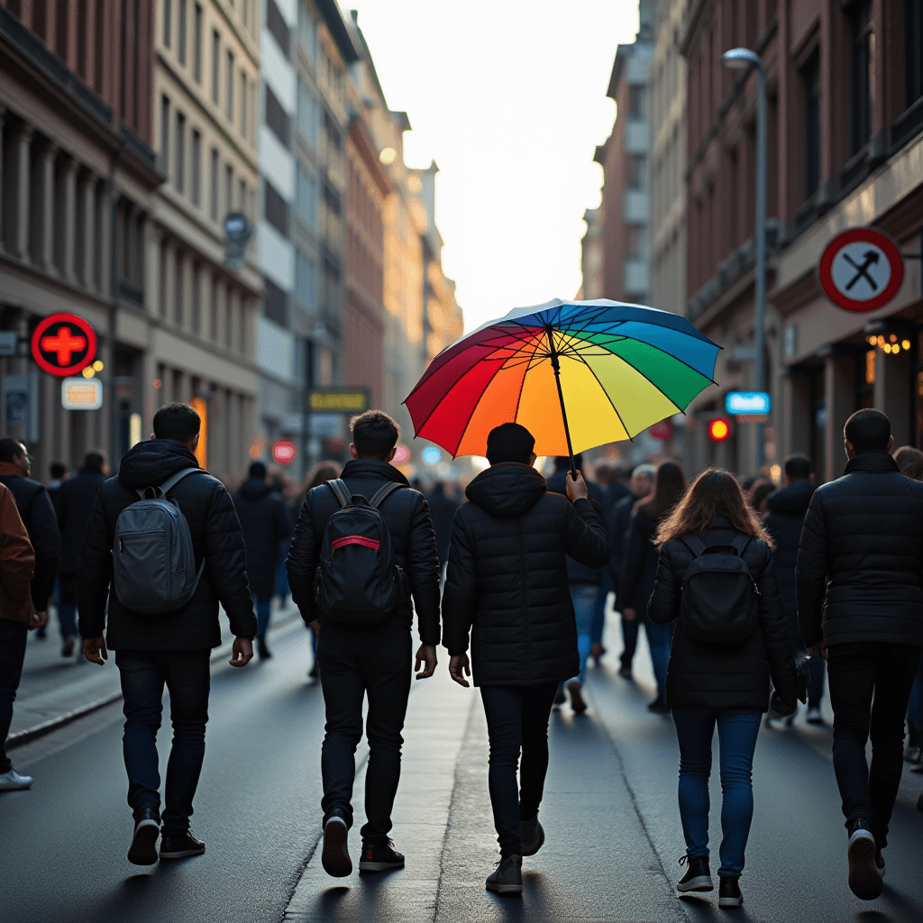 A group of people walks through a city street, highlighted by one carrying a vibrant rainbow umbrella.