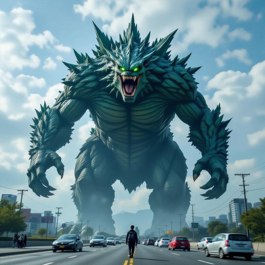 A movie poster featuring a gigantic monster towering above a city. The scene depicts the monster with fierce eyes and intricate scales. A person stands on the road gazing at the immense creature. The sky is filled with scattered clouds creating dramatic contrast.