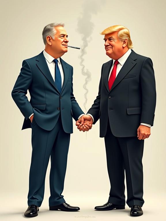 Vertical two-panel storyboard image in a political cartoon style. Background and lighting are the same in both panels. Two sharply dressed political figures face the viewer. Left figure taller in dark blue suit and velvet blue tie with a calm smile. Right figure shorter in black suit with a blood-red tie showing a stern expression. Top Panel: Left figure's arm extended into right figure’s side. Right figure appears as a puppet, aiming a smoking pistol at the viewer. Bottom Panel: Positions remain same, right figure’s arm extends into left figure creating role reversal. Left figure smiles, appearing as the puppet. Right figure again holds a smoking pistol aimed at the viewer.