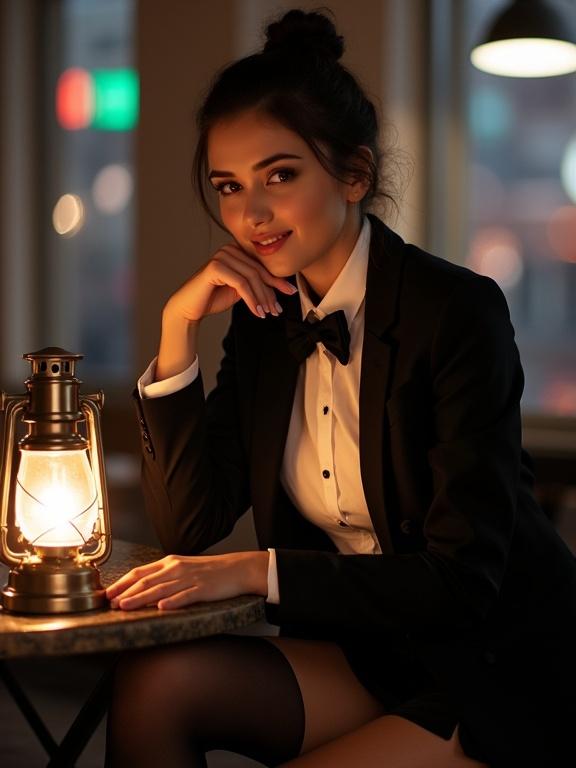 Photo features a woman with dark hair in a bun. She sits in a dim room. A warm lantern glows on a table beside her. She wears a black blazer with a bow tie and a white shirt. Her high slit skirt shows black stockings. One hand is on her cheek, and the other rests on the table. Her expression is relaxed and confident. The background is blurred with colorful lights. The camera is at eye level, slightly low. Lighting is artificial from the lantern. The composition follows the rule of thirds. Background is out of focus. Aesthetic quality is high and suggestive. Soft glow highlights her features. Textures of clothes and lantern are smooth and polished.