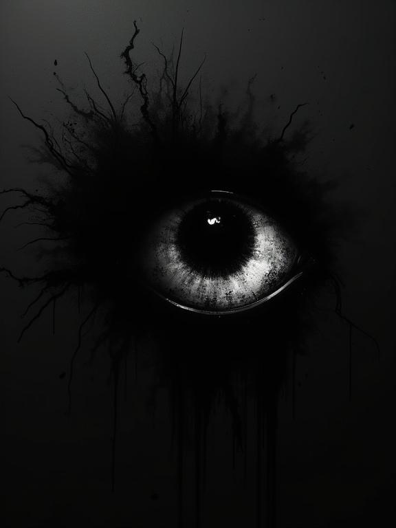 An extremely rough digital oil illustration on a black background. A giant silhouette eye with a black iris fills the top right corner. Glitch-like corruption emerges from the eye, eroding the rest of the image.