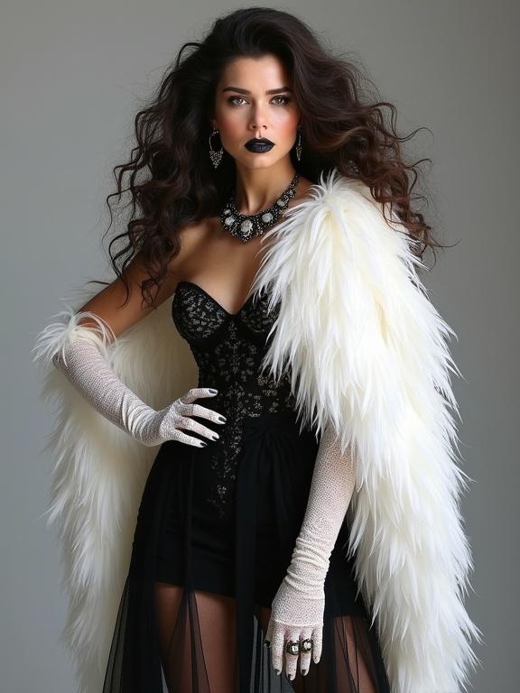 High-fashion editorial photo featuring a woman with long frizzy hair. She wears a black lace dress with a sheer skirt and a white feathered cape. Long white lace gloves, bold jewelry, and dark lipstick. The pose is regal with one hand on her hip. The background is gray with diffused lighting.