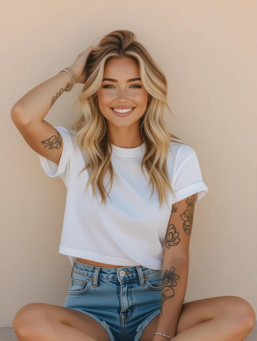 Young stylish woman with blonde hair wearing a plain white t-shirt with no print. She wears tight denim shorts and holds her hair up. She sits on the floor with legs crossed against a sand colored wall. The setting is in soft sunny daylight. Her expression and posture convey relaxation. She has wrist bracelets and colorful tattoos on one arm. Her appearance is clean and simple with smooth fabric of her T-shirt visible.