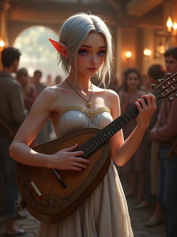 Photorealistic image of a beautiful teenage elf girl. She has smooth pale skin with short straight silver hair. She stands in a crowded tavern holding a lute, wearing a strapless silver dress. Image captures depth of field and warm lighting.
