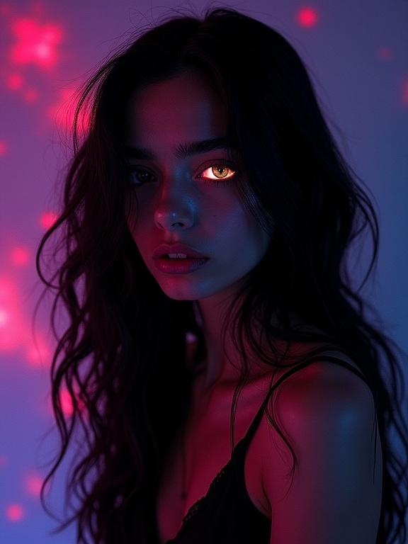 Stunning photograph featuring a beautiful woman in a black nightgown. Dramatic neon lighting sets the mood. Long black hair flows in waves over one eye. The image captures a gothic and surreal atmosphere. Taken with Ektachrome film to enhance texture.