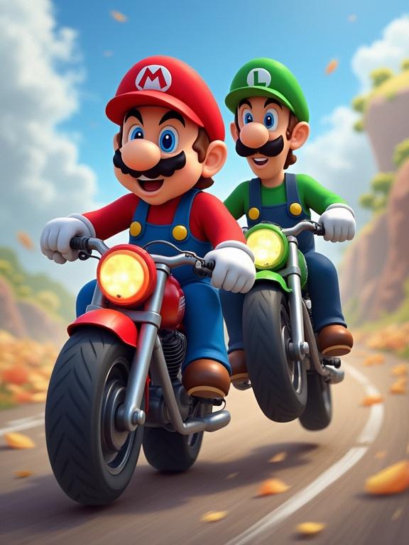 Image features two iconic characters riding motorcycles. Mario in red outfit while Luigi in green outfit. Scene is lively and dynamic typical of video game adventures. Colorful design captures family-friendly entertainment.